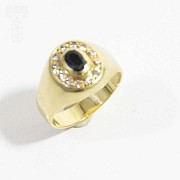 18k yellow gold seal ring with sapphire and diamonds.