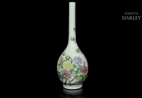 Vase with elongated neck and enameled flowers, 20th century