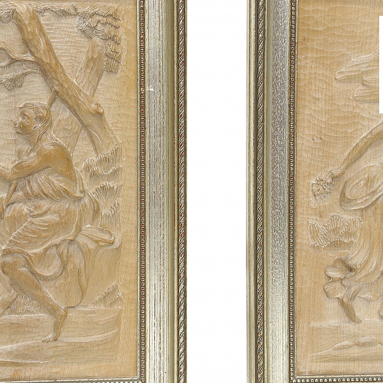 Vicente Andreu. Four wood carvings with frame, 20th century.