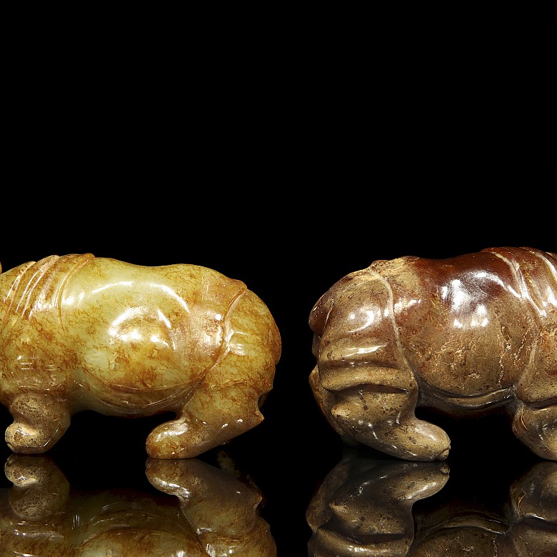 Pareja de rinocerontes de jade, dinastía Tang
