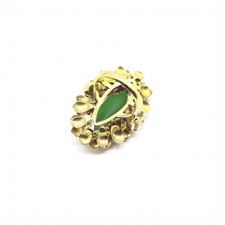 18k yellow gold ring with jade and 24 pink tourmalines. - 1