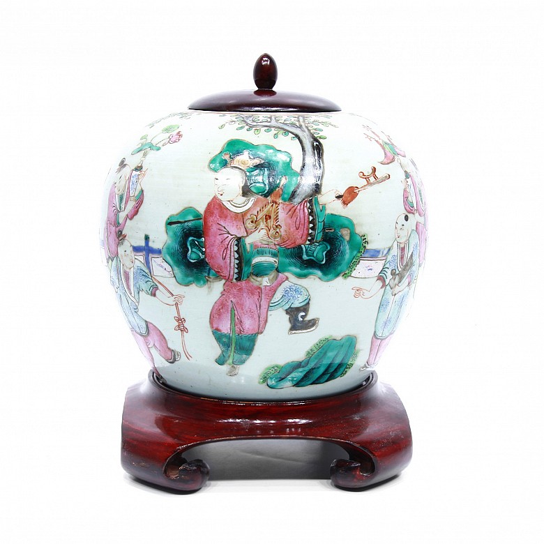Tibor de cerámica esmaltada, familia rosa, China, s.XIX