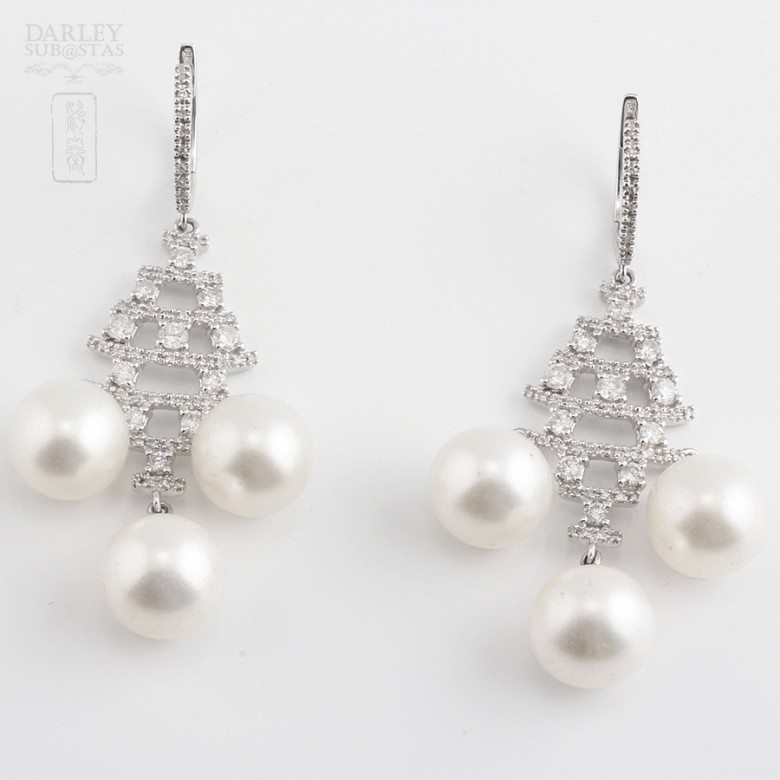 Earrings with Pearls and 1.41cts diamond  in white gold - 1