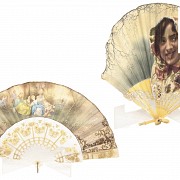 Two signed painted fabric fans.
