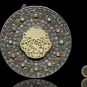 Espejo de plata con incrustaciones y esmaltes, Dinastía Qing