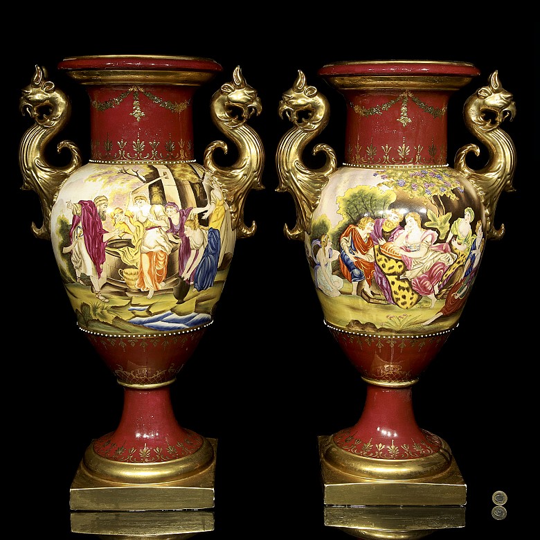 Pareja de jarrones de porcelana austriaca, Royal Viena, S.XIX - 10