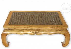 Asian style wooden table with glass