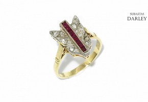 Shuttle ring with antique cut diamonds and rubies