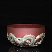 A Red glass bowl with silver base, stamped Wang Hing