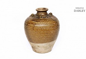 Jarrón de cerámica, vidriado color marrón, dinastía Yuan/Ming