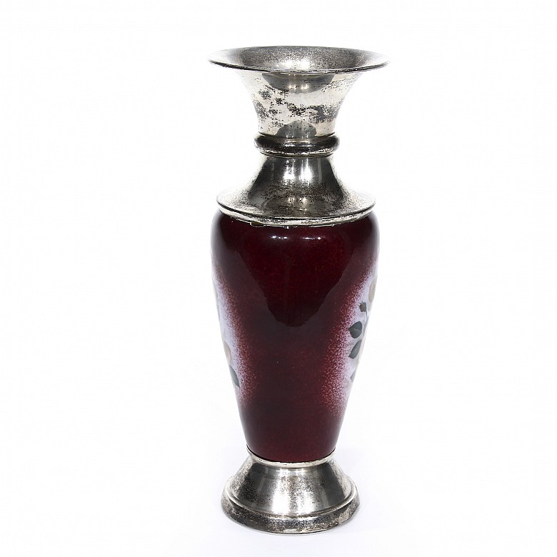 Silver vase with enamel body, mid 20th century