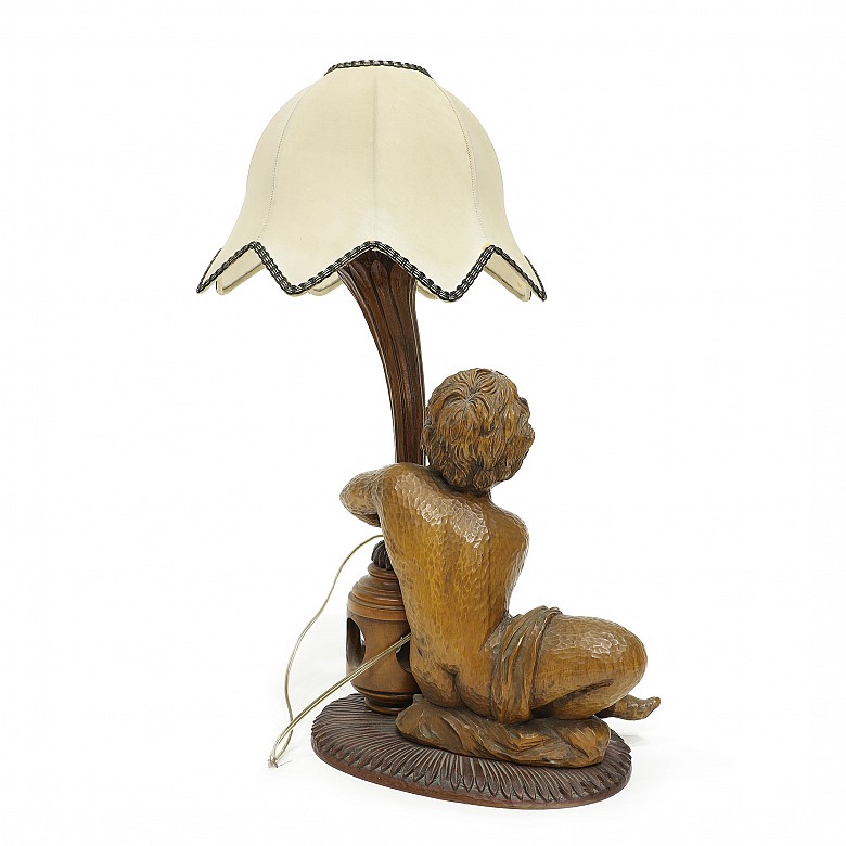 Vicente Andreu. Wooden lamp with sculpture, 20th century.
