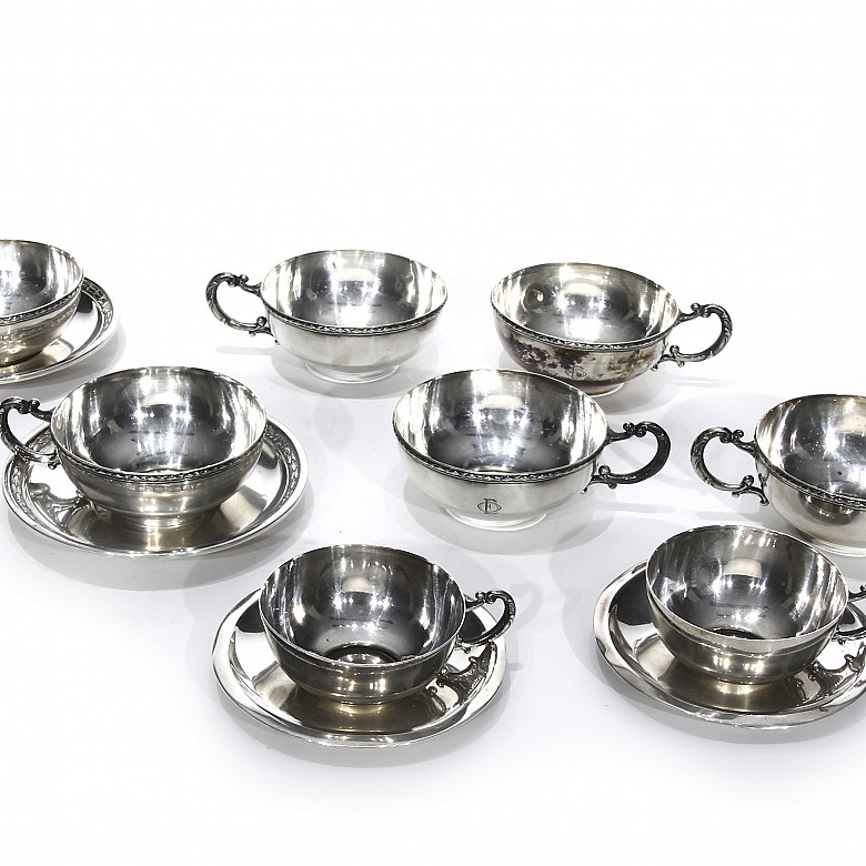 Sterling silver cups and saucers, 916, punched, 20th century