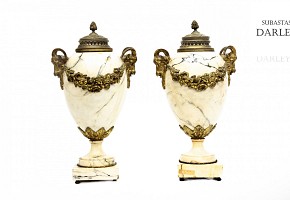 Pair of French Ormolu Mounted Marble Vases.