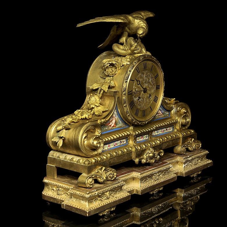 Reloj de sobremesa de bronce y porcelana, Francia, S.XIX - 1