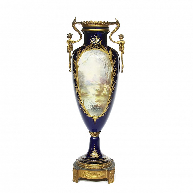 Enameled porcelain vase with gilt bronze mount, circa 1900.