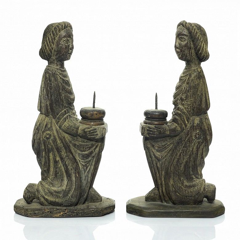 Pair of wooden candleholders, 15th century