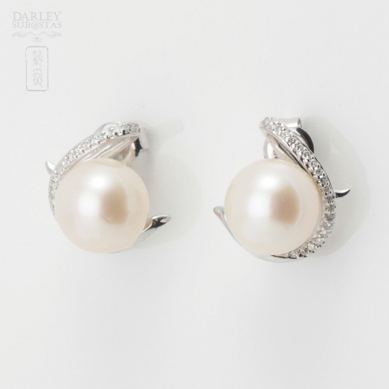 Pendientes en oro blanco, perla y diamantes - 5