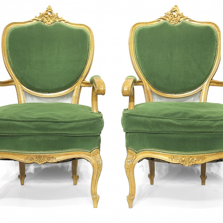 Tresillo y sillas tapizados en terciopelo verde, S.XX - 5