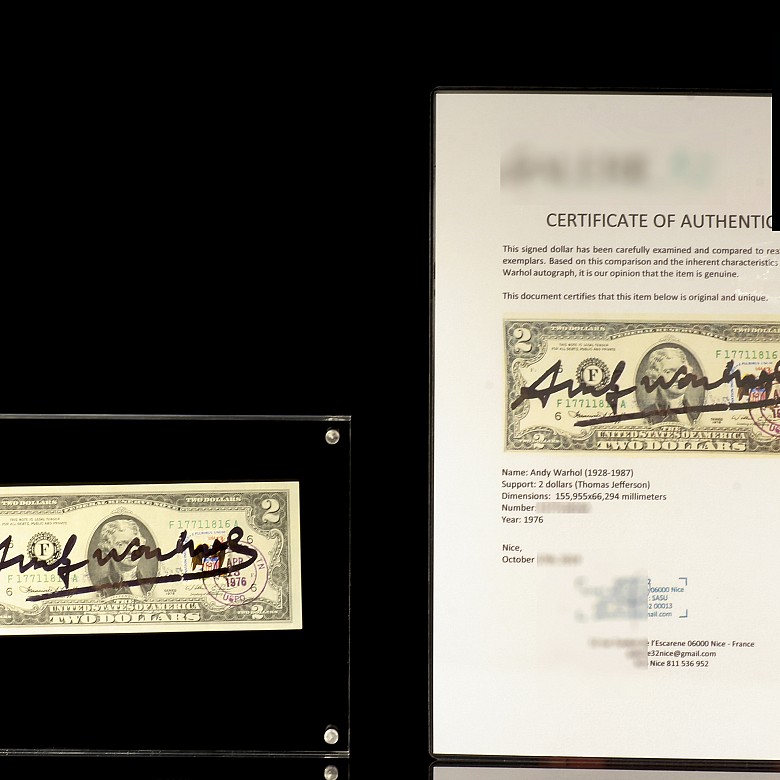 Billete de dos dólares firmado por Andy Warhol