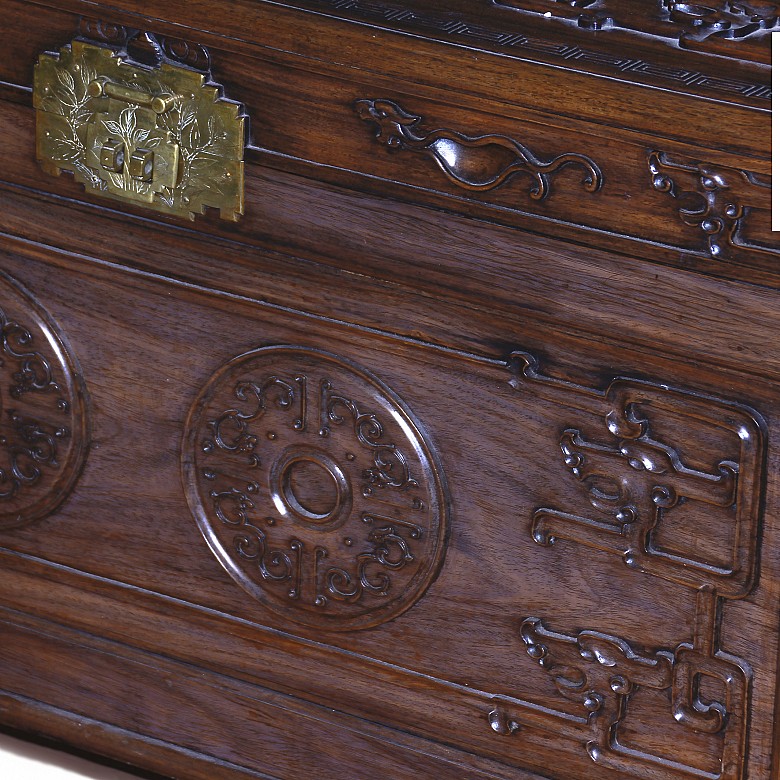 Hongmu carved wooden chest, China, early 20th century