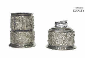 Cigar container and table lighter in Spanish silver, 20th century