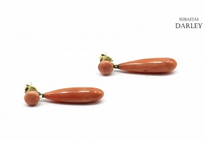 Pair of coral earrings set in 14k yellow gold