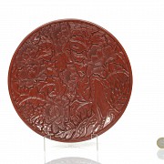 Red lacquer dish with peonies, 19th - 20th century - 6