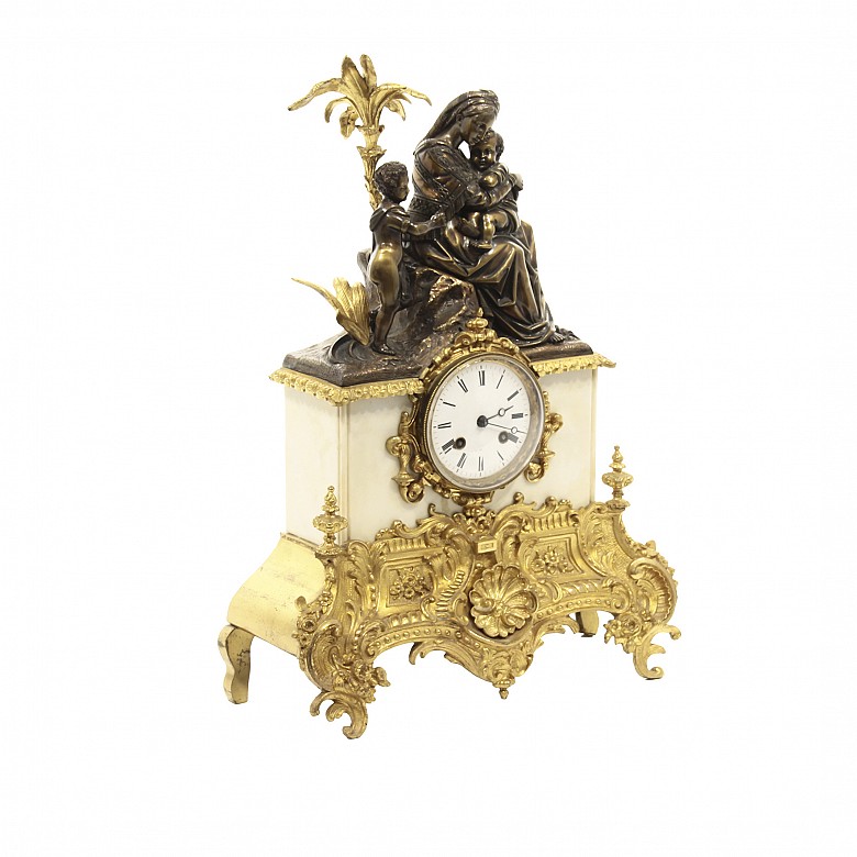 Reloj de mesa de bronce dorado y mármol, Barbot Paris, Finales s.XIX