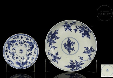 Dos platos de porcelana azul y blanco 