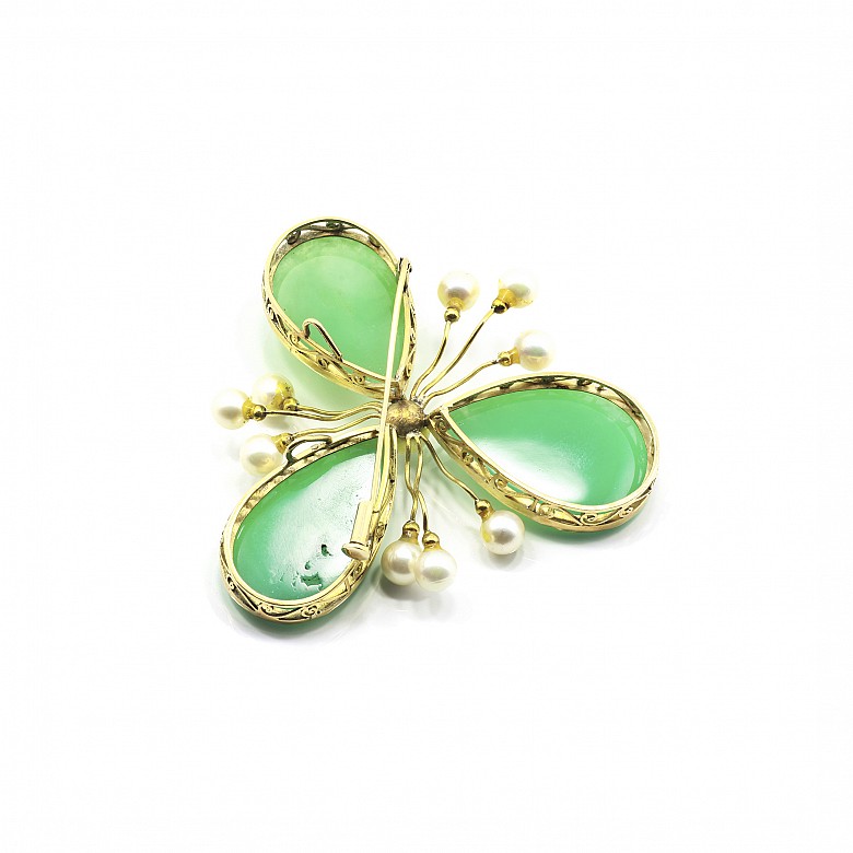 Brooch with three green stones, chrysoprase, and 10 pearls - 2