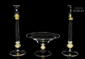 Pareja de candeleros y centro de mesa, cristal de Murano, S.XX