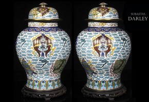 Pair of large cloisonne sharks.