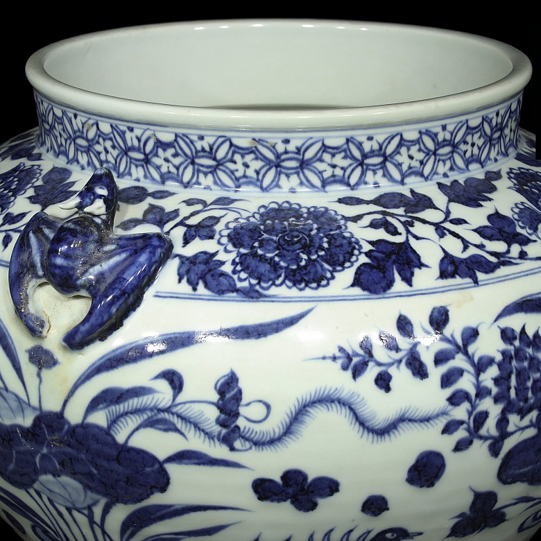 Vasija con asas, azul y blanco, estilo Yuan - 5