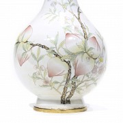 Enameled metal vase with peaches, 20th century