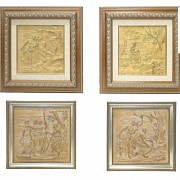 Vicente Andreu. Four wood carvings with frame, 20th century