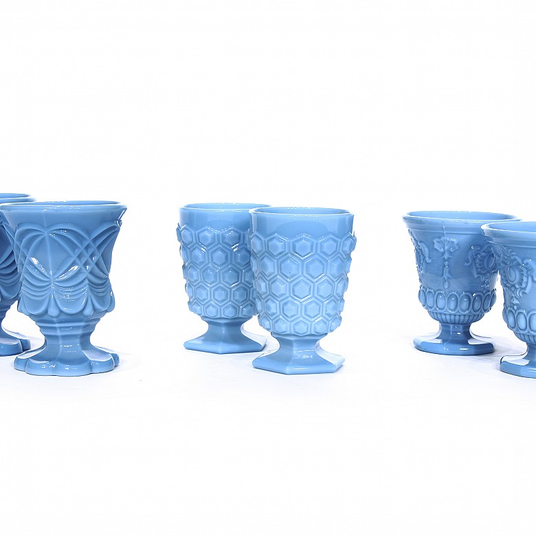 Lot of blue opaline glass cups molded, ca.1900