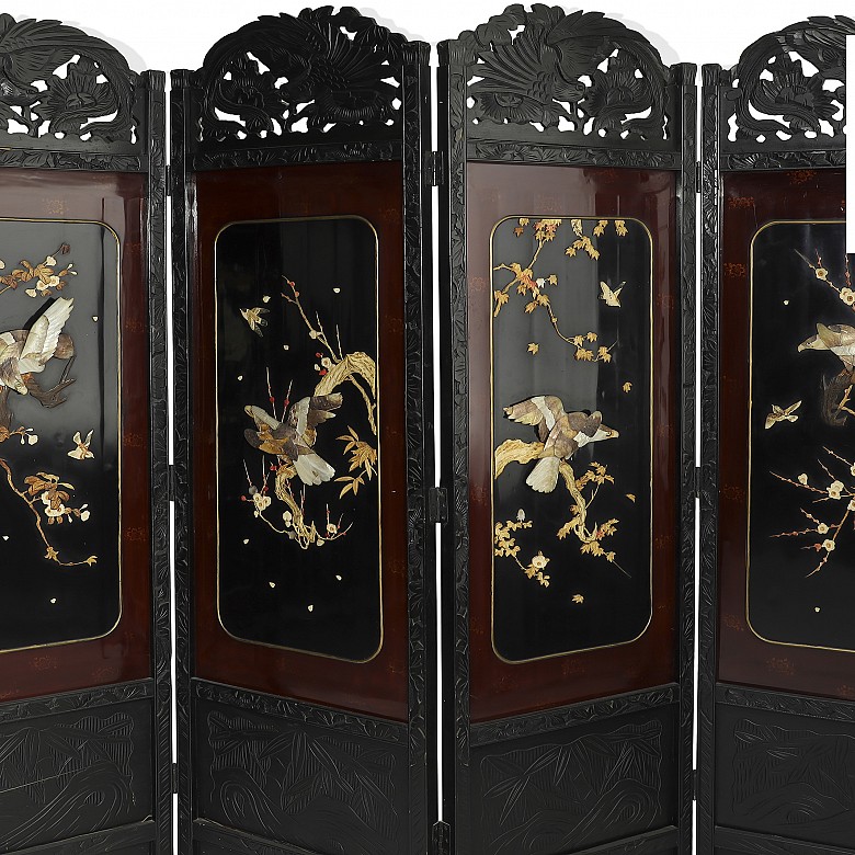 Chinese folding screen with hard stone applications, 20th century.