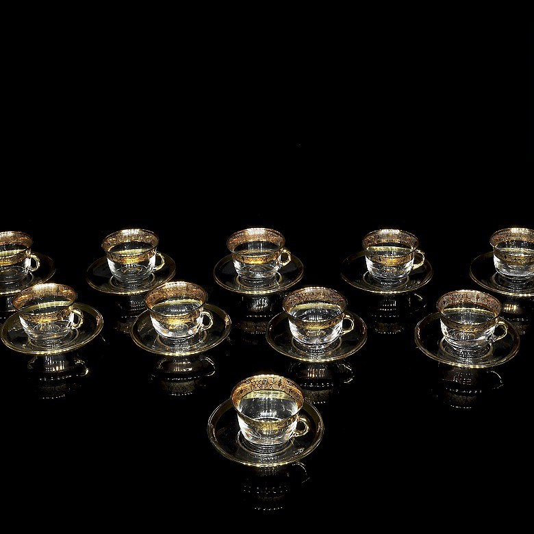 Coffee set, glass with gilded and engraved borders, 20th century