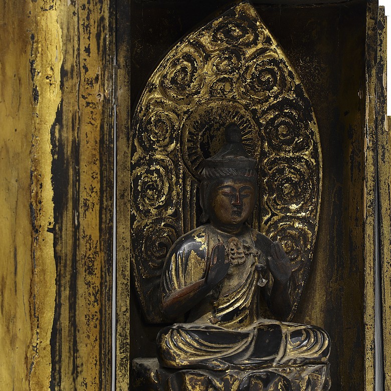 Japanese Buddha, with wooden niche, 19th century - 5