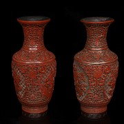Pair of red lacquer vases, 20th century