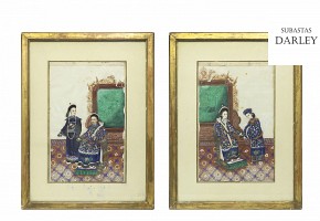 Pair of watercolors of emperor and empress, 