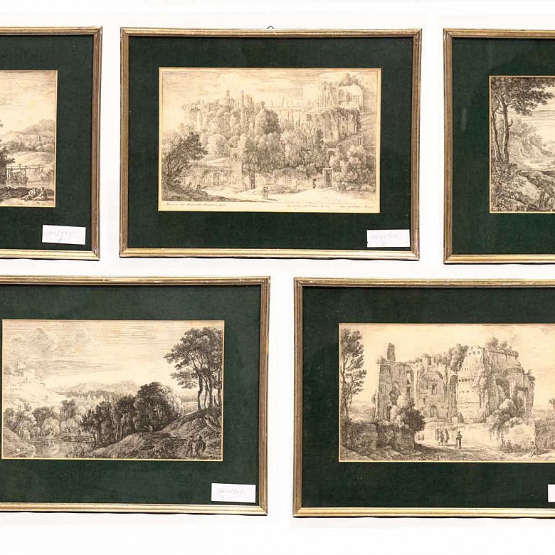 Five engravings on frame representing roman ruins and landscapes