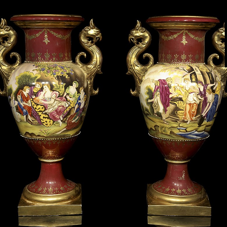 Pareja de jarrones de porcelana austriaca, Royal Viena, S.XIX - 8