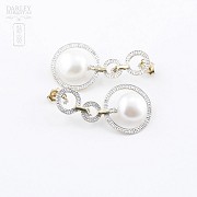 Original 18k yellow gold earrings with pearl and diamonds - 3