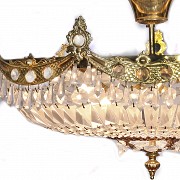 Lámpara y plafón de bronce con vidrio, s.XX - 4