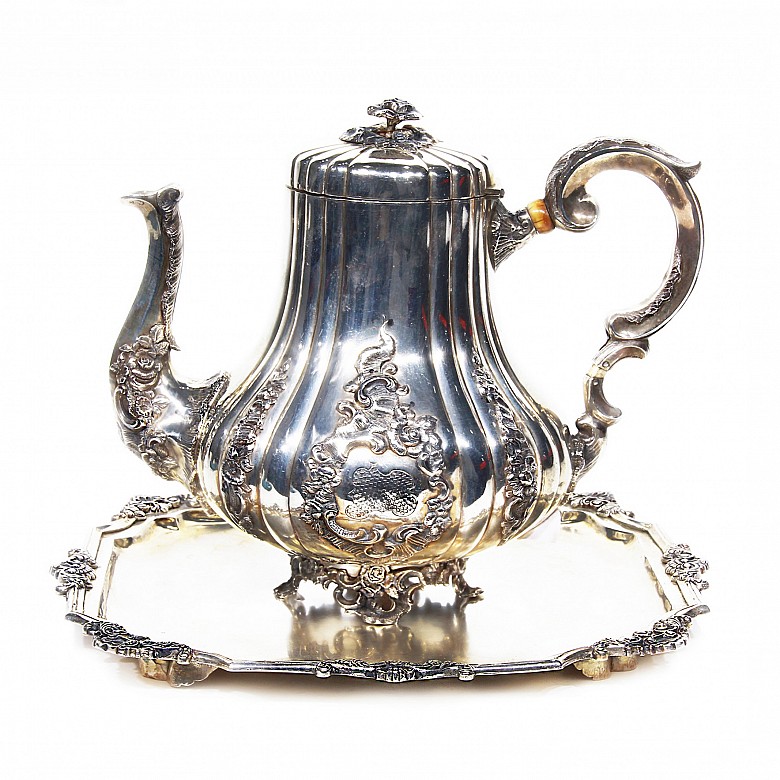 Silver teapot and tray, 19th century