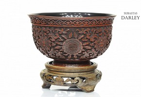 Red lacquer bowl with pedestal, Qing Dynasty