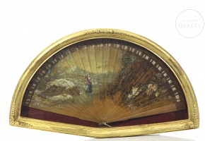 Fan with wooden linkage and scene