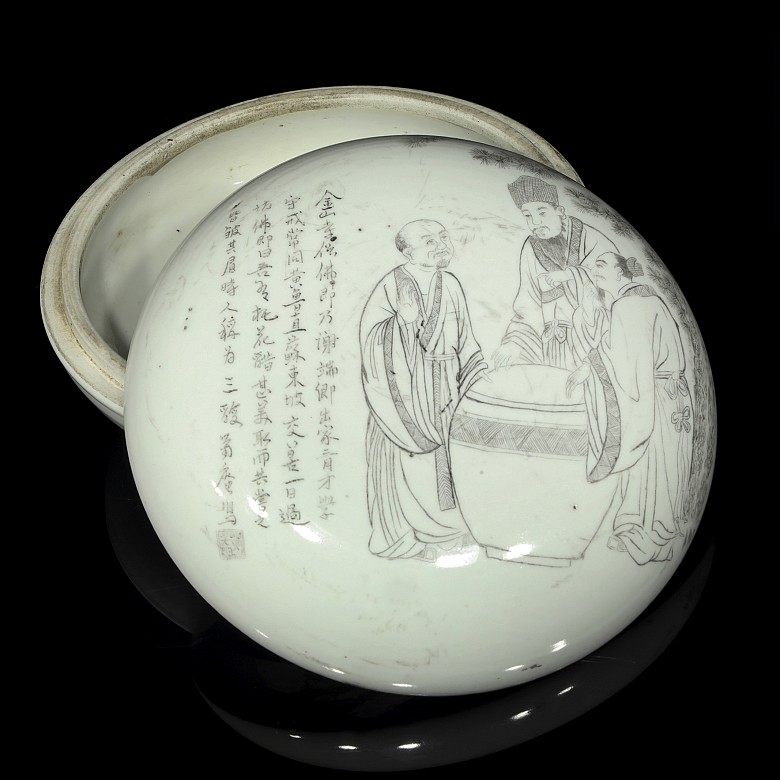 Caja de porcelana con poema y sabios, dinastía Qing - 2